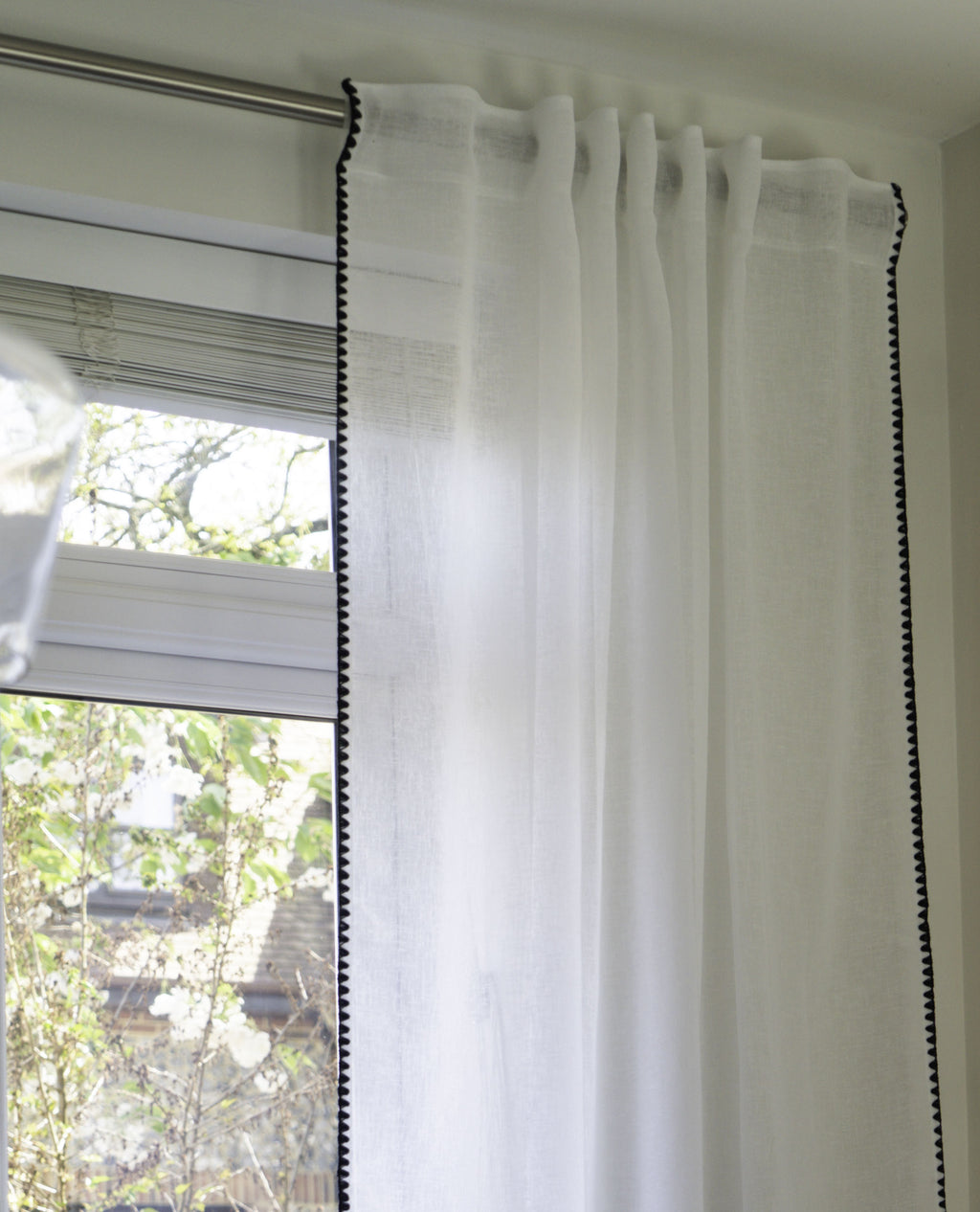 Onyx White Linen Look Panel With Black Embroidery Trim