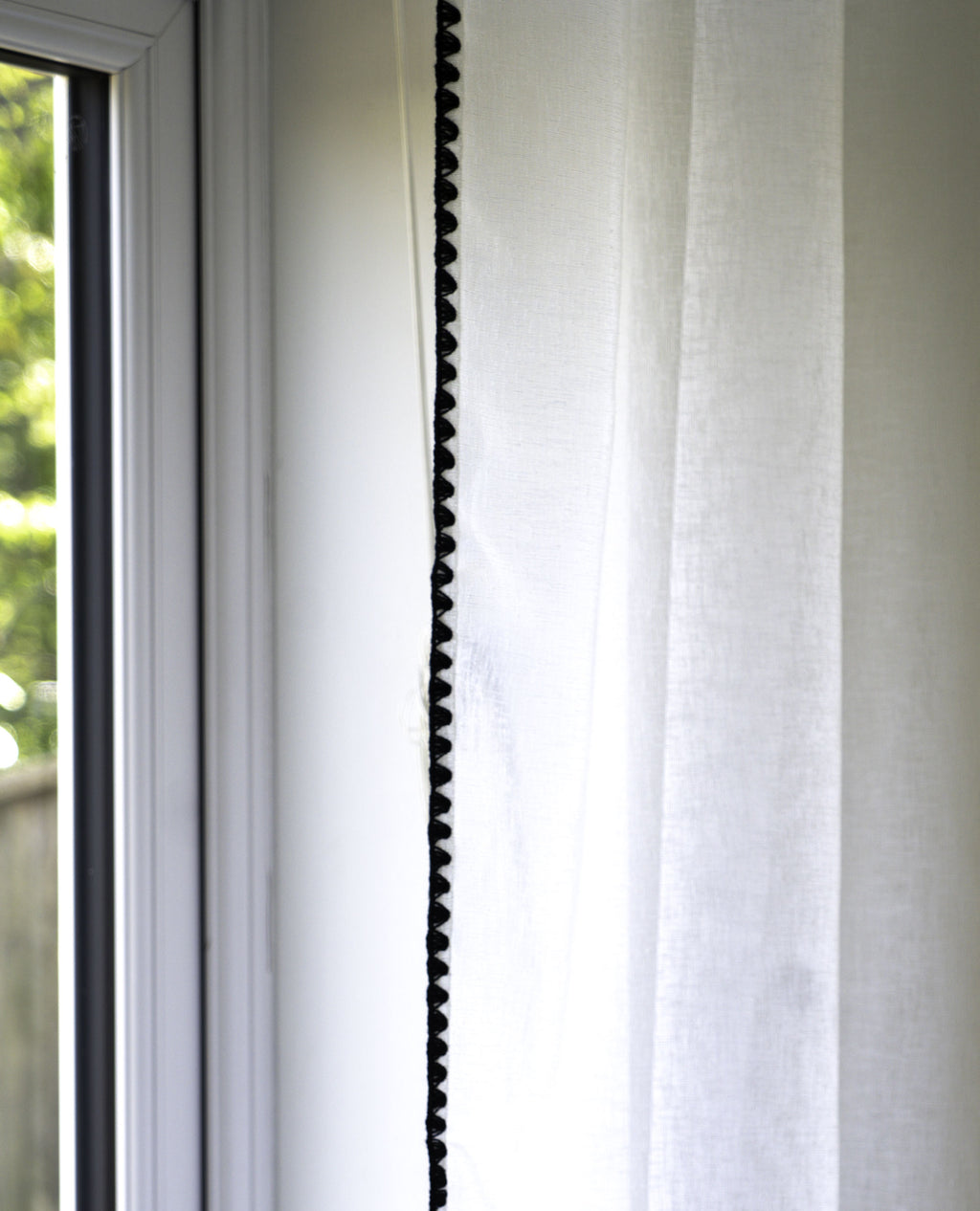 Onyx White Linen Look Panel With Black Embroidery Trim