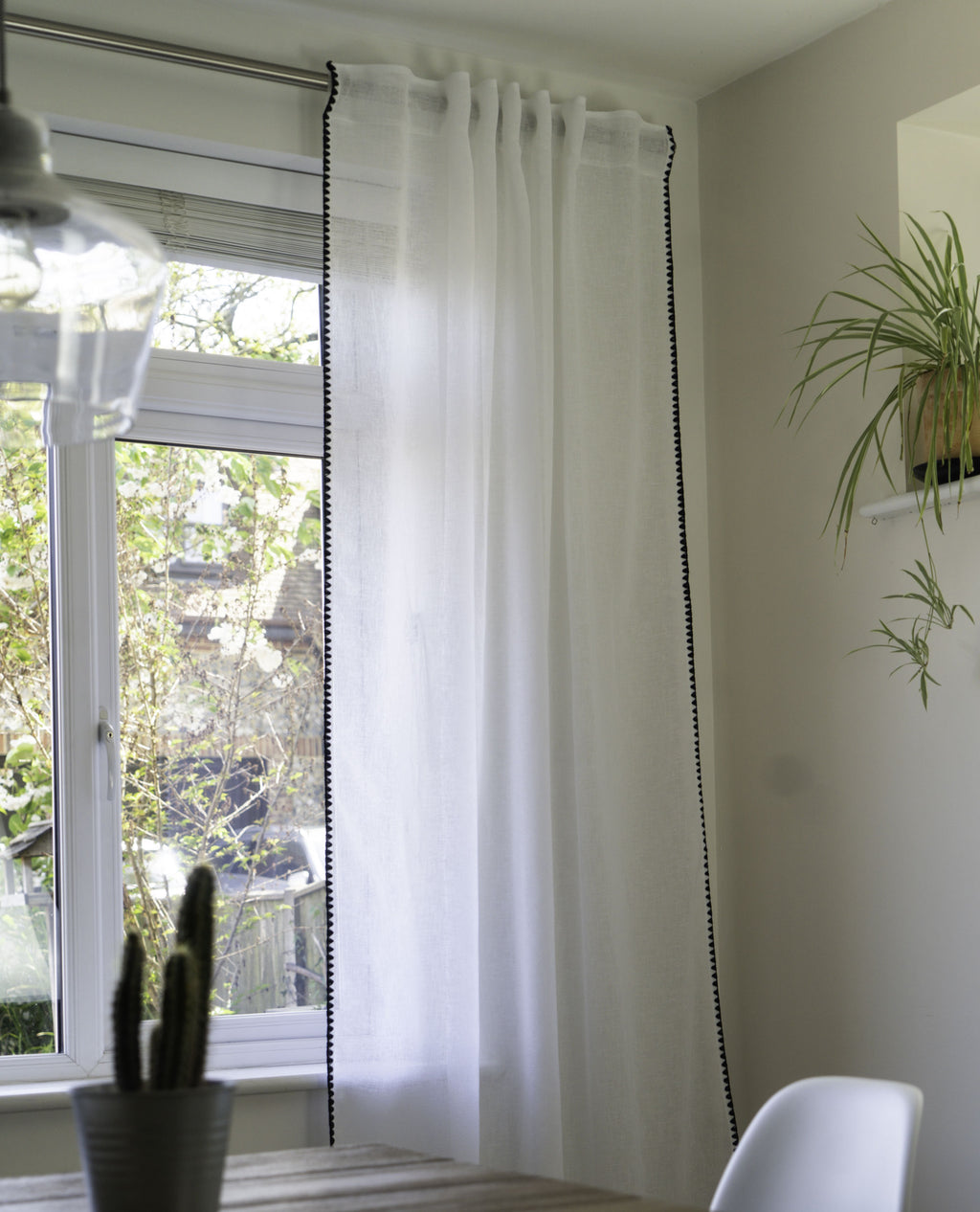 Onyx White Linen Look Panel With Black Embroidery Trim