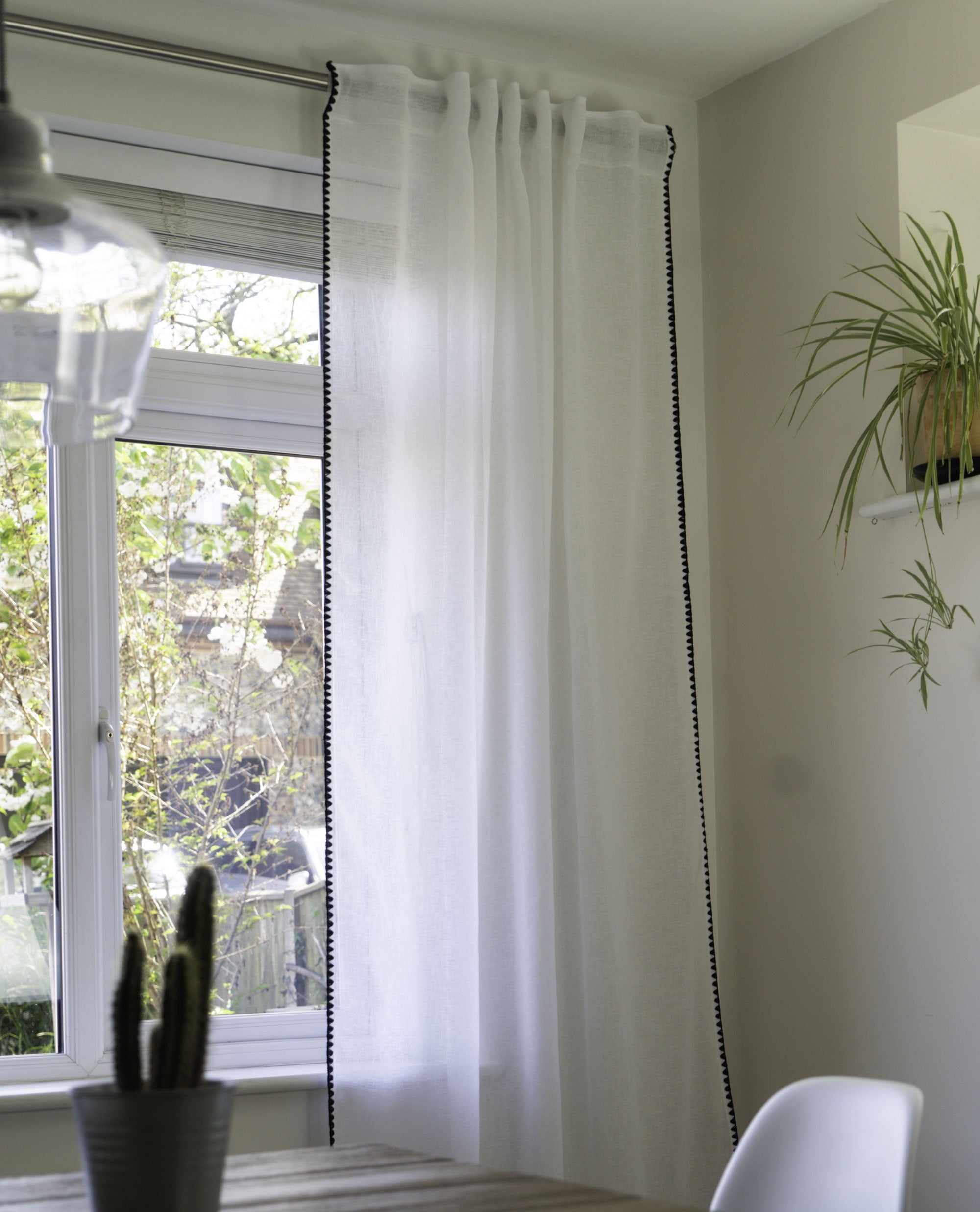 Onyx White Linen Look Panel With Black Embroidery Trim